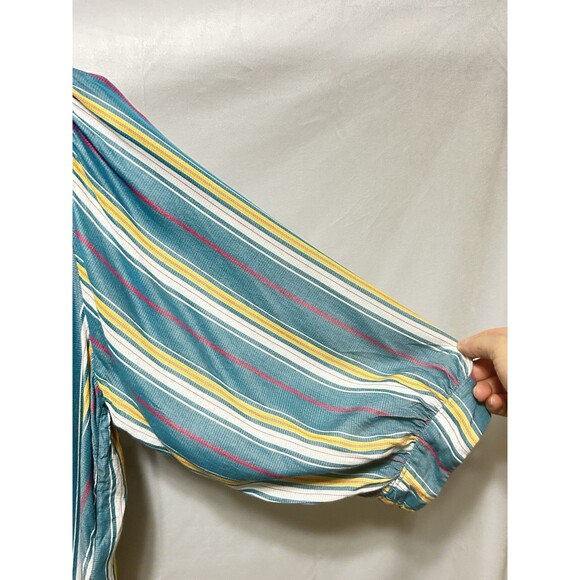 Maeve by Anthropologie Womens M Turquoise Striped Balloon Sleeve Top - Picture 8 of 10